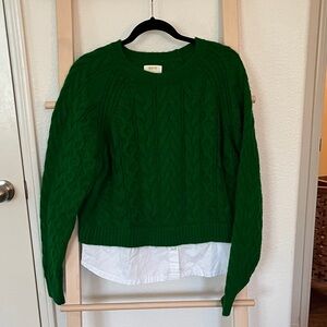 Maeve green Sweater with faux white shirt sewn to bottom. Sz large